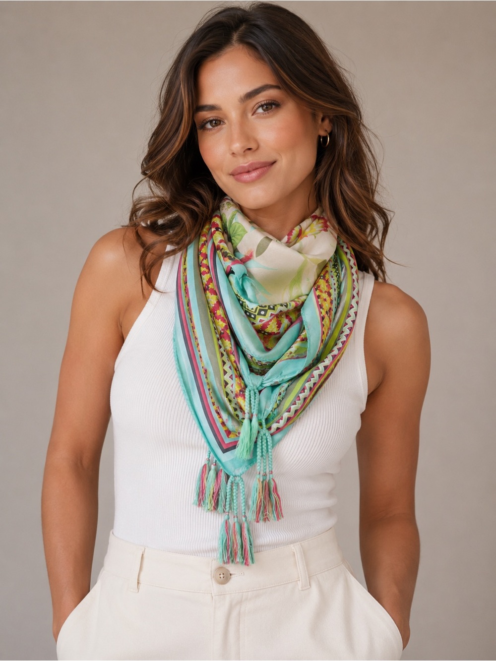 Johnny Was Aqua Multicolor Patterned Silk Scarf with Tassels